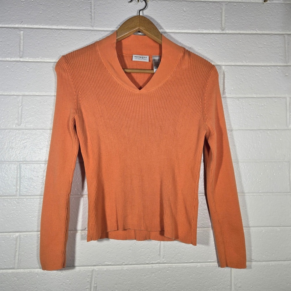 Villager Liz Claiborne Ribbed Knit 100% Cotton Sweater Tangerine Large Spring